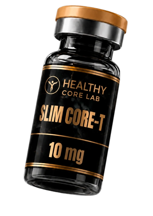 Slim Core-T 10 mg vial above a black marble pedestal