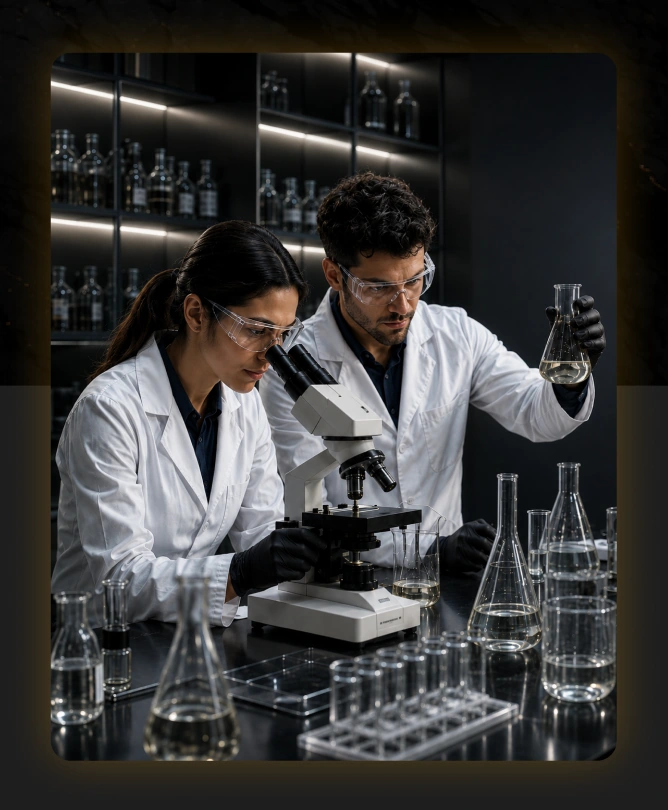 Laboratory scientists examining samples with a microscope
